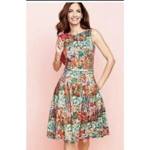 Talbots Fit & Flare watercolor Floral flower sleeveless Dress Pockets 2 petite
